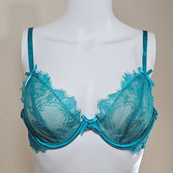 Hustler Darby Teal Underwire Lace Bra with Small Satin Bows, Size 36B - Picture 1 of 9